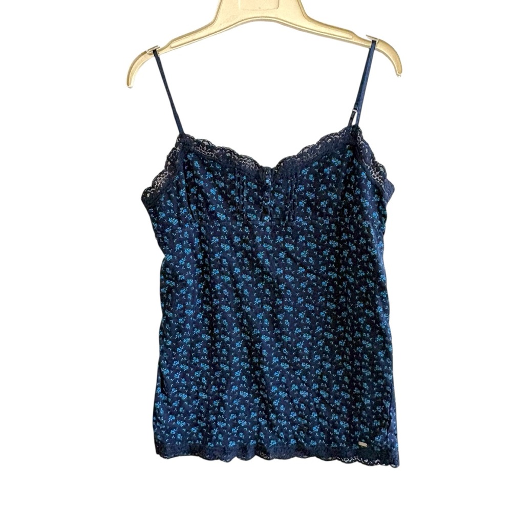 Vintage Aeropostale Size XL Navy Blue Floral Babydoll Lace Trim Cami Top Y2K